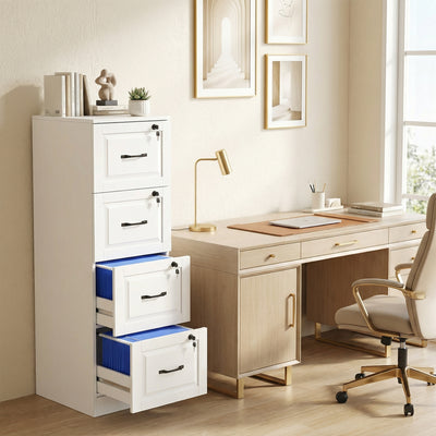 4 Drawer File Cabinet with Lock, Vertical Filing Cabinet with Adjustable Hanging Bars for A4 and Letter Size, White