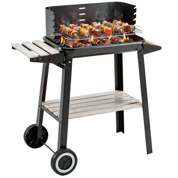 Trolley Charcoal BBQ Barbecue Grill Outdoor Patio Garden Heating Smoker with Side Trays Storage Shelf and Wheels