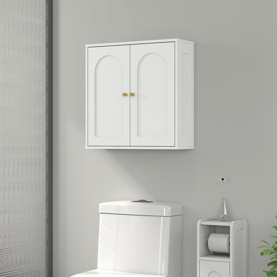 Medicine Cabinet, Modern Bathroom Wall Cabinet with 2 Arched Doors and Gold Handles, White Wood Grain