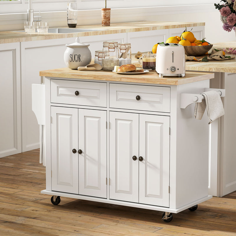 Rolling Kitchen Island with Rubber Wood Top and Storage, Spice Rack, Towel Rack