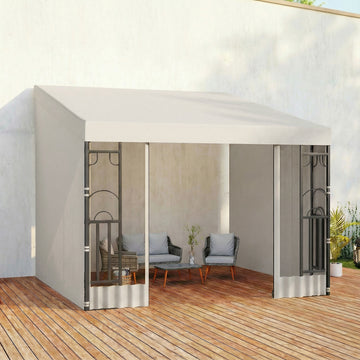 10' x 10' Wall Pergola, Outdoor Gazebo with 2 Curtains and 2 Nettings, UV Resistant, for Patio, Deck, Beige