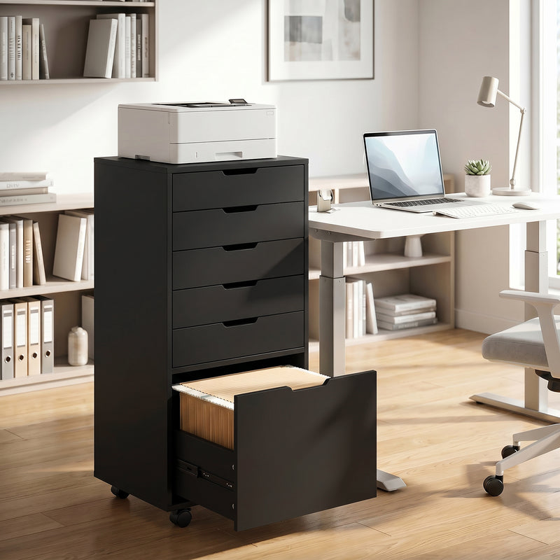 File Cabinet on Wheels Mobile Printer Stand with 5 Drawers for Home Office Black