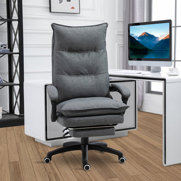 Office Chair 360° Swivel Adjustable Height Linen Style Fabric Recliner with Retractable Footrest and Double Padding, Grey