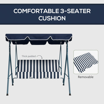 3-Seater Outdoor Porch Swing with Adjustable Canopy, Patio Swing Chair for Garden, Poolside, Backyard, Blue and White