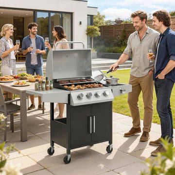 4+1 Burner Liquid Propane Gas Grill Outdoor Cabinet Style BBQ Trolley w/ Side Burner, Warming Rack, Side Shelf, Storage Cabinet, Thermometer, 4 Wheels, Carbon Steel, Silver