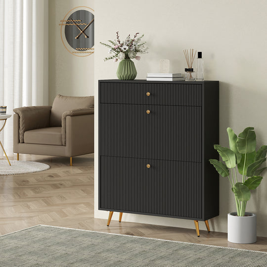 Narrow Shoe Storage Cabinet with Wave-like Panels and Adjustable Shelves for 12 Pairs of Shoes, Black