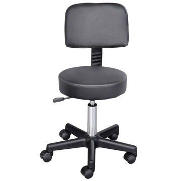 Tabouret à roulettes réglable en cuir PU, tabouret de dessinateur pivotant rond avec dossier, noir