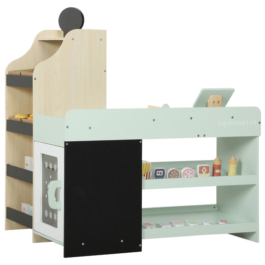 Kids Grocery Store Playset, Wooden Play Store with Play Food, Cash Register, Chalkboard, 44 Accessories for Ages 3-6