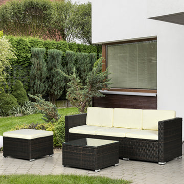3 Pieces Patio Furniture Set with Cushions, Outdoor PE Rattan Wicker Conversation Corner Sofa Set with Glass Top Table and Adjustable Foot for Garden, Lawn, Cream White