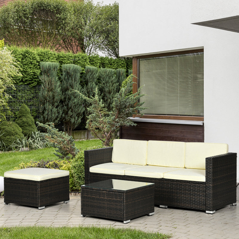 3 Pieces Patio Furniture Set with Cushions, Outdoor PE Rattan Wicker Conversation Corner Sofa Set with Glass Top Table and Adjustable Foot for Garden, Lawn, Cream White