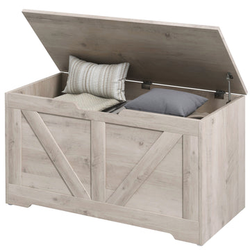 31.5 Inches Storage Chest, Storage Trunk with 2 Safety Hinges for Living Room, Grey Wood Grain