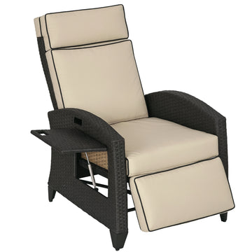Wicker Recliner Chair with Adjustable Backrest and Footrest, Washable Cushion, Side Tray, Khaki