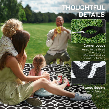 Reversible Outdoor Rug, Waterproof Plastic Straw RV Rug with Carry Bag, 9' x 18', Black and White Clover