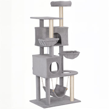 66 Inch Large Cat Tree with 2 Door Condos, 3 Big Hammocks, Plush Top Perch, Sisal Scratching Posts, Light Grey