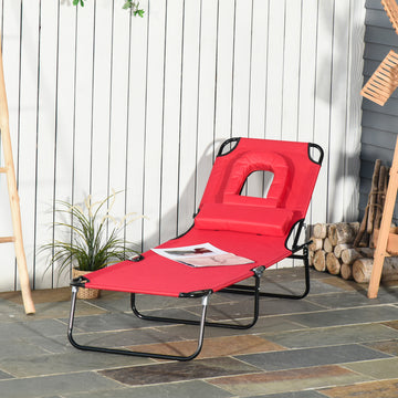Adjustable Outdoor Lounge Chair, Garden Folding Chaise Lounge with Face Hole Reclining Tanning Chair Seat, Folding Camping Beach Lounging Bed w/ Support Pillow, Red