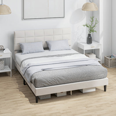 Queen Size Bed Frame with Upholstered Headboard, Modern Platform Bed Frame with Wood Slats, 1100 lbs Capacity, Cream