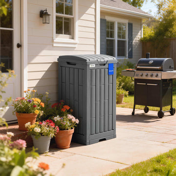 29 Gallon Outdoor Garbage Bin with Dual Lid, Plastic Outdoor Waste Trash Can with Side Holder and Drip Tray, Grey