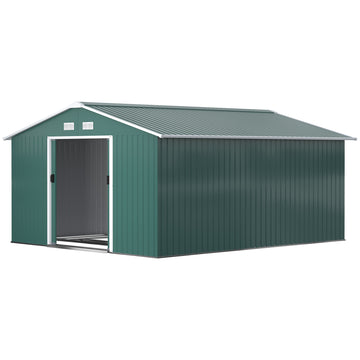 11' x 13'Garden Storage Shed w/ Foundation Kit Metal Tool Storage House w/ Double Doors, Green