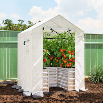Greenhouse with Raised Garden Bed, Galvanized Metal Planter Box with PE Cover, Roll Up Door, 56