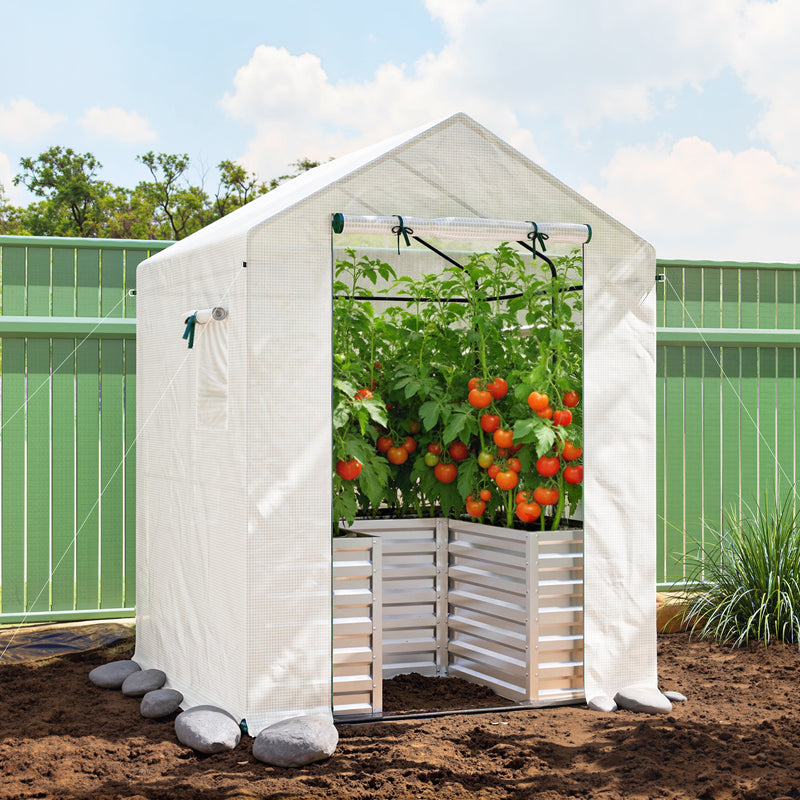 Greenhouse with Raised Garden Bed, Galvanized Metal Planter Box with PE Cover, Roll Up Door, 56