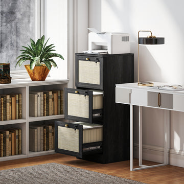 3 Drawer Filing Cabinet with Lock, Boho File Cabinet for A4 Letter Size Files with Decorative Rattan Accents, Black