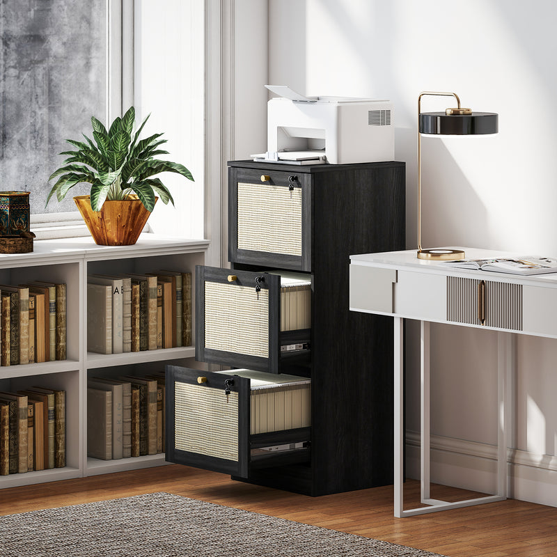 3 Drawer Filing Cabinet with Lock, Boho File Cabinet for A4 Letter Size Files with Decorative Rattan Accents, Black