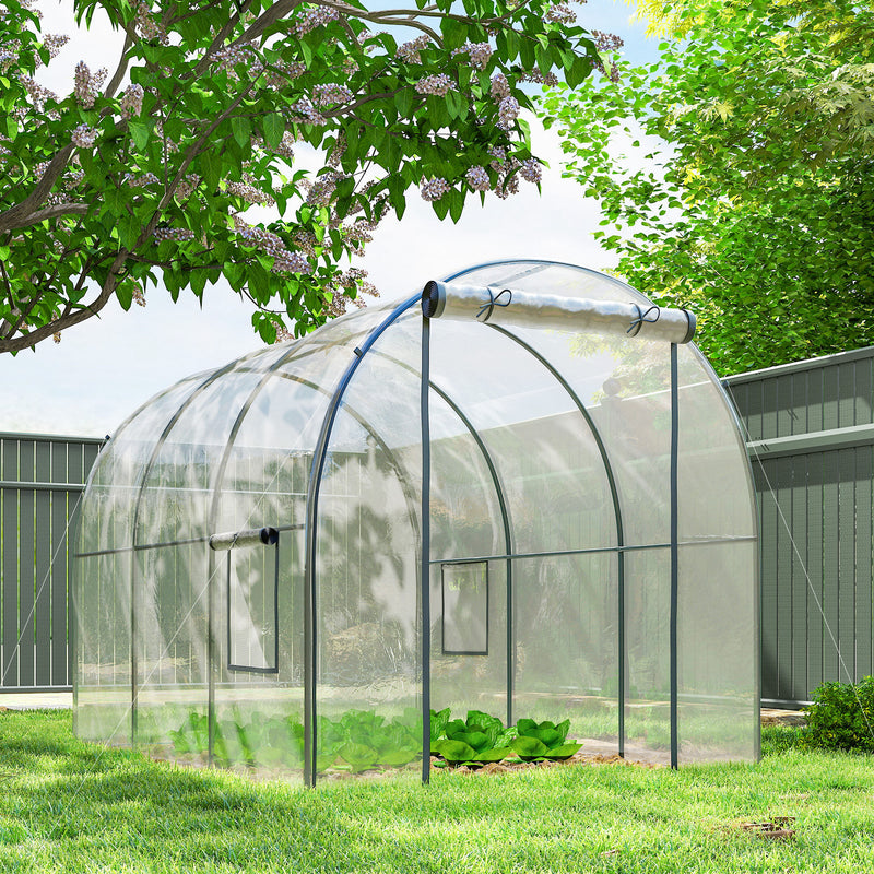 Polytunnel Greenhouse with Roll-up Door and Mesh Window, Walk-in Grow House Tent with Steel Frame, 3 x 2 x 2 m, Clear