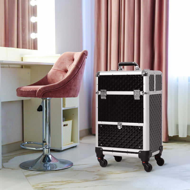 Portable Aluminum Makeup Train Cases, Rolling Makeup Case, Salon Beauty Cosmetic Jewelry Organizer Trolley with 4 Wheels, Black