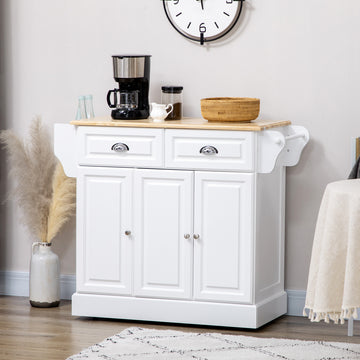Kitchen Island with Storage Rolling Kitchen Serving Cart with Rubber Wood Top Towel Rack Storage Drawer Cabinet, White