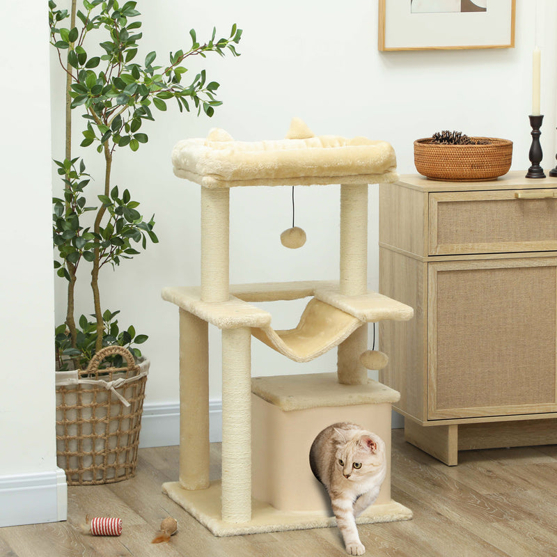 39.25'' Cat Tree Tower Multi-Level Kitten House with Scratching Post Condo Hammock Bed Ball Toy - Beige