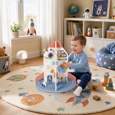 Wooden Activity Cube, Rocket Theme Educational Toys with Shape Sorter & Bead Maze for Toddlers 24M-6Y Fine Motor Skill