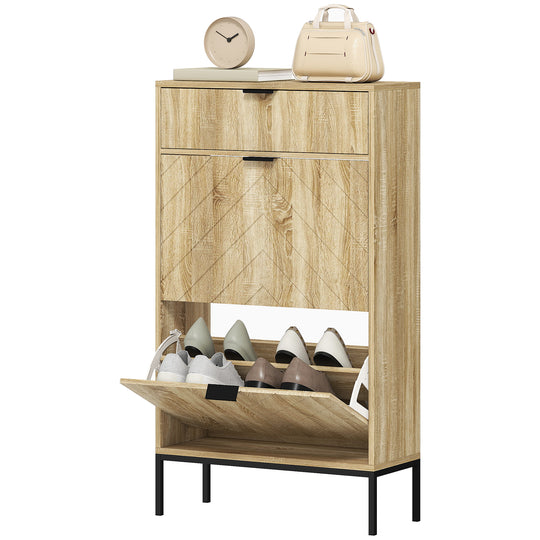 Narrow Shoe Storage Cabinet with Flip Drawers, Shoe Cabinet with Adjustable Shelves, Sliding Drawer, Holds 8 Pairs, Oak