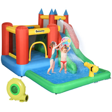 Château gonflable 6 en 1 pour enfants avec trampoline, glissade, piscine, pistolet à eau, mur d'escalade, panier et gonfleur, 11,5 pi x 8,8 pi x 7 pi, multicolore