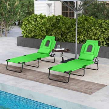 Folding Outdoor Lounge Chair Set of 2, Adjustable Patio Chaise Lounge with Face Hole, Reclining Tanning Chair, Folding Camping Beach Lounging Bed w/ Head Support, Green