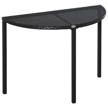 Half Round Side Table, PE Rattan Coffee Table with Metal Frame for Patio, Garden, Balcony, Black