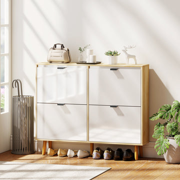 Narrow Shoe Cabinet, High Gloss Shoe Storage Cabinet with 4 Flip Drawers and Adjustable Shelves, Holds 20 Pairs, White