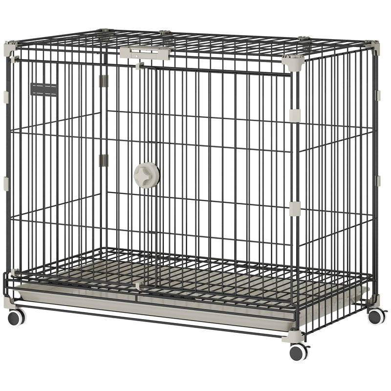 Foldable Dog Crate, 30 Inch Metal Dog Cage with Removable Tray, Lockable Wheels, 2 Doors for Small Medium Breeds, Black