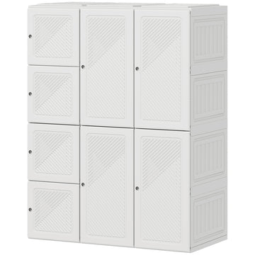 Portable Wardrobe, Foldable Plastic Closet with 8 Compartments, 2 Hanging Rods and Magnetic Clear Doors, White