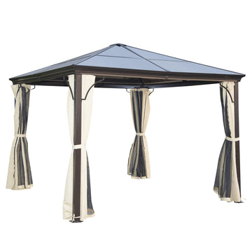 10' x 12' Hardtop Gazebo Canopy with Polycarbonate Roof, Aluminum Frame, Netting, Curtains and Ceiling Hook, Beige