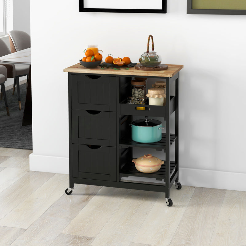 Kitchen Cart on Wheels, Rolling Kitchen Island Cart with Wood Top, 3 Drawers and Shelves for Home Dining Area