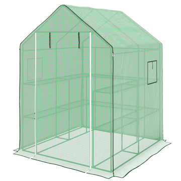 Portable Greenhouse, Walk-In Small Outdoor Green House with 2 Tier U-Shaped Flower Rack Shelves, 4.6' x 4.7', Green