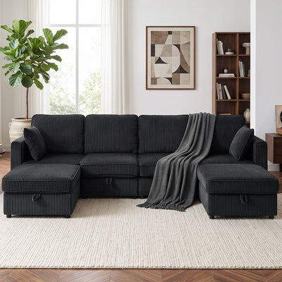 Modular Sofa, U-Shaped Corduroy Couch with Dual Storage Ottoman, Under-Seat Storage, 4 Pillows, Dark Grey