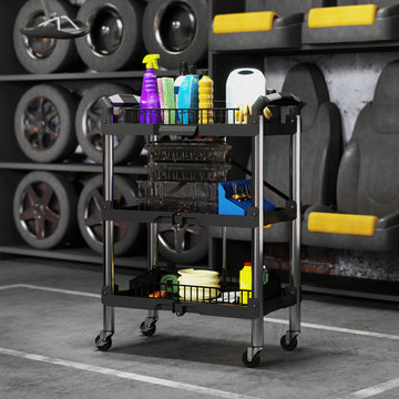 3-Tier Collapsible Tool Cart with Wheels, 150 LBS Capacity Folding Utility Cart with Handles for Garage Workshop, Black