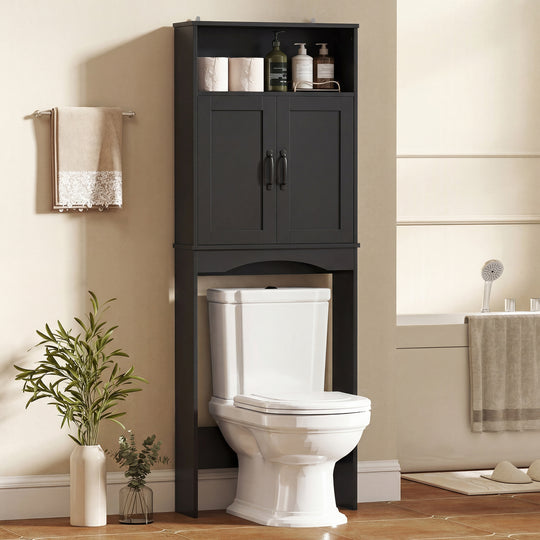 Over the Toilet Storage Cabinet Freestanding Bathroom Organizer with 2 Doors and Open Shelf Black
