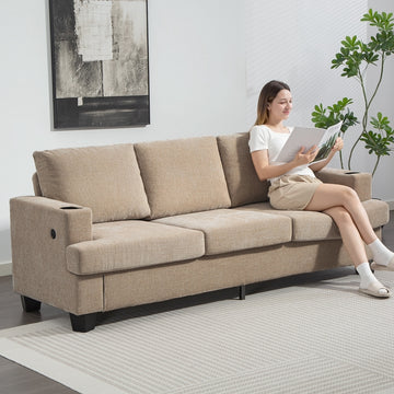 3 Seater Sofa with USB Ports & Cup Holders, Chenille-Feel Upholstered Couch for Living Room