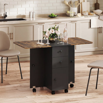 Drop Leaf Dining Table, Mobile Folding Table on Wheels with Drawers and Cabinet for Dining Room, Rustic Brown and Black