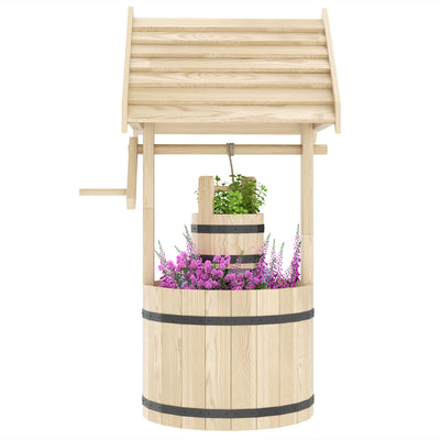 Wood Wishing Well Outdoor Wooden Planter with Hanging Bucket and Drainage Hole for Garden, Patio, Backyard, Natural Wood