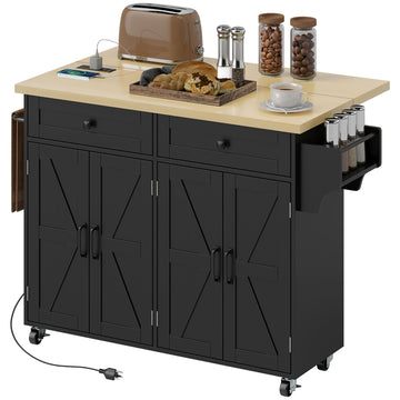 Kitchen Island with Storage, Rolling Kitchen Cart with Charging Station, Drop Leaf, Spice Rack, Towel Rack, Drawers, Black