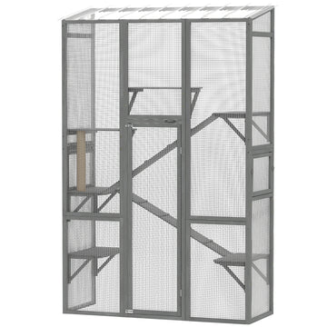 Wooden Catio Outdoor Cat Enclosure with 6 Jumping Platforms, Scratching Post, 2 Ramps, Waterproof Roof, Grey