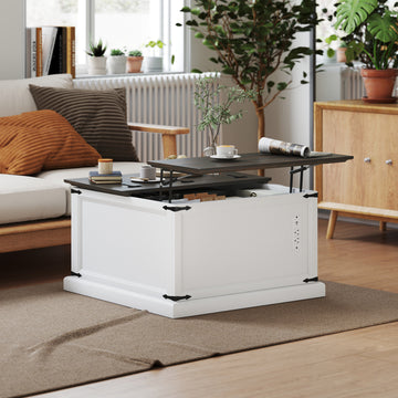 Lift Top Coffee Table with Charging Station, Square Farmhouse Center Table with Hidden Storage, White Wood Grain